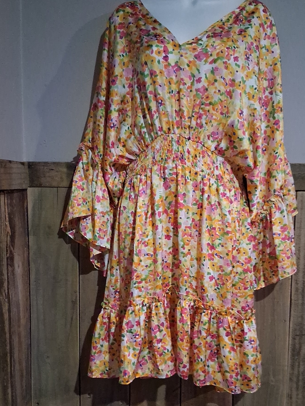 ODDY Yellow Pink Floral Long Sleeve V-Neck Dress